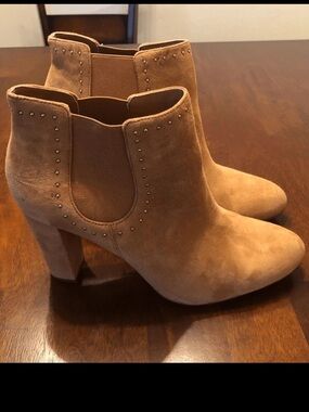 Ralph Lauren Tan Suede Stud-Trim Ankle Booties